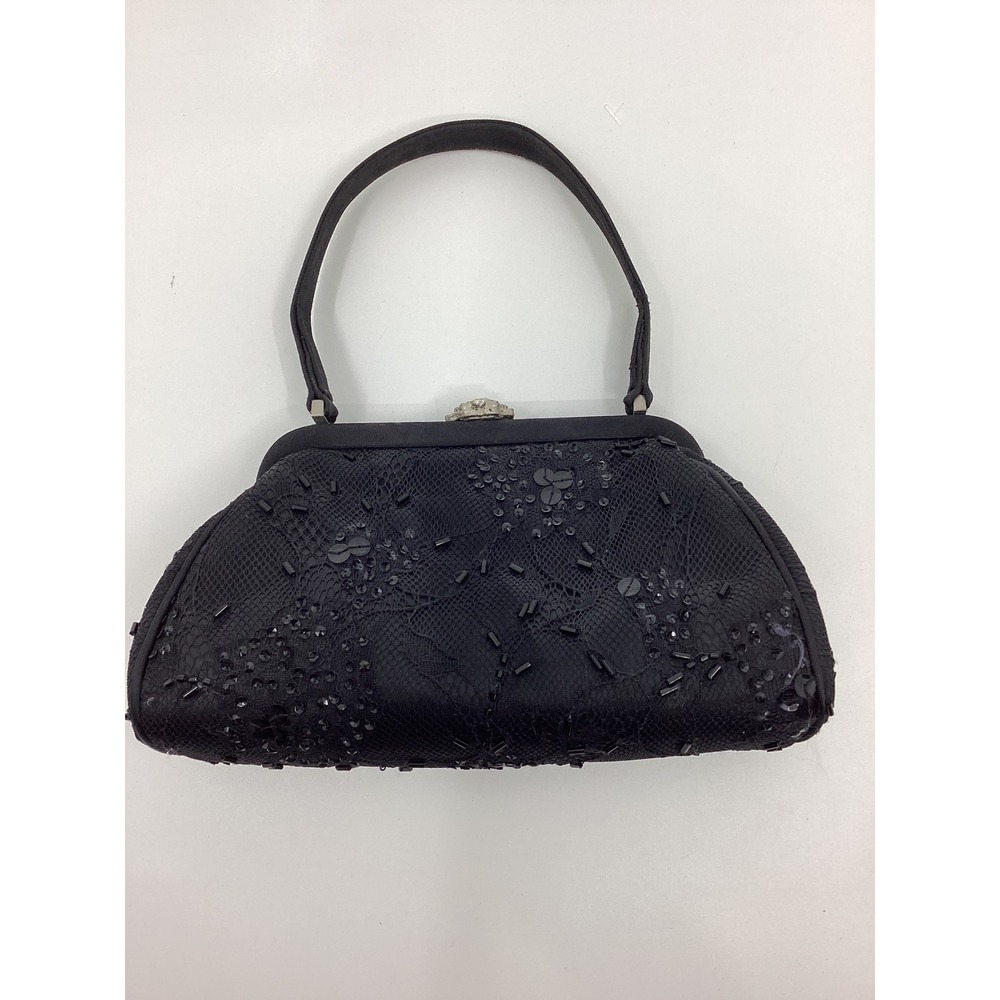Franchi Black Lace Beaded Sequin Evening Bag Satin Frame Kiss Lock Top Handle